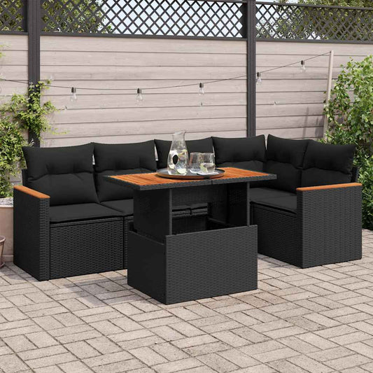 5-delige Loungeset met kussens poly rattan acacia zwart