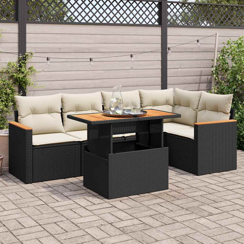 5-delige Loungeset met kussens poly rattan acacia zwart