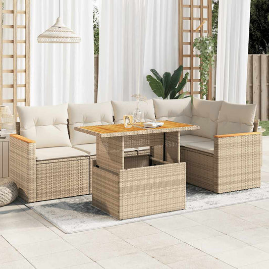 5-delige Loungeset met kussens poly rattan en acaciahout beige