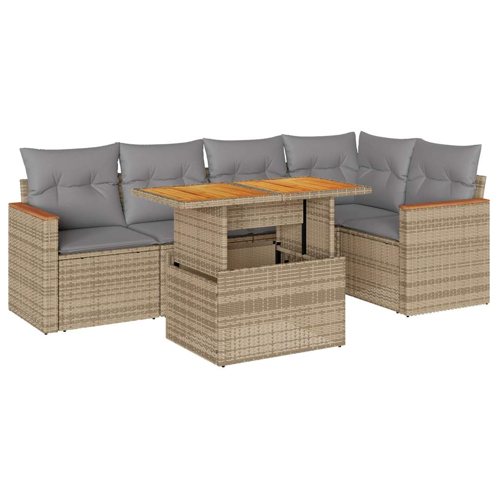 5-delige Loungeset met kussens poly rattan en acaciahout beige