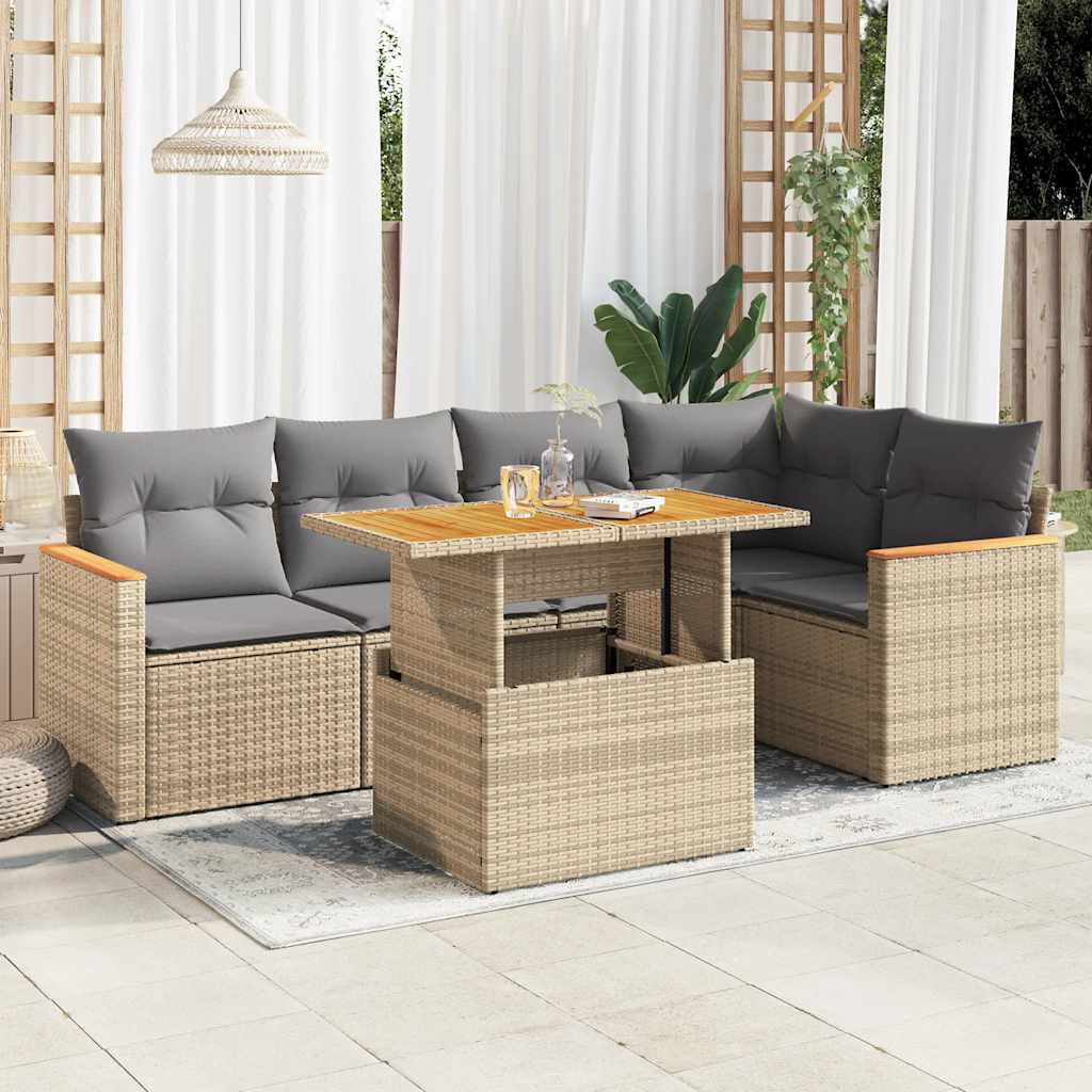 5-delige Loungeset met kussens poly rattan en acaciahout beige