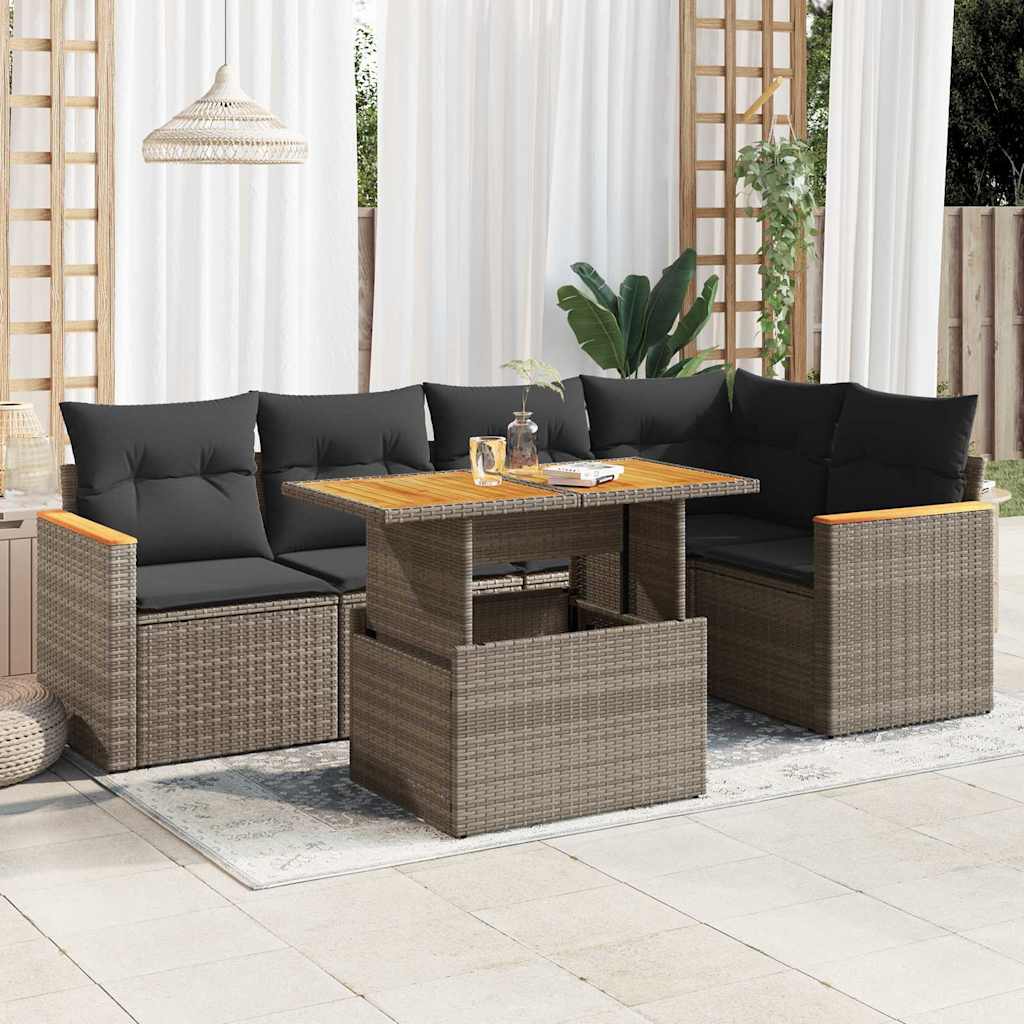 5-delige Loungeset met kussens poly rattan acacia grijs