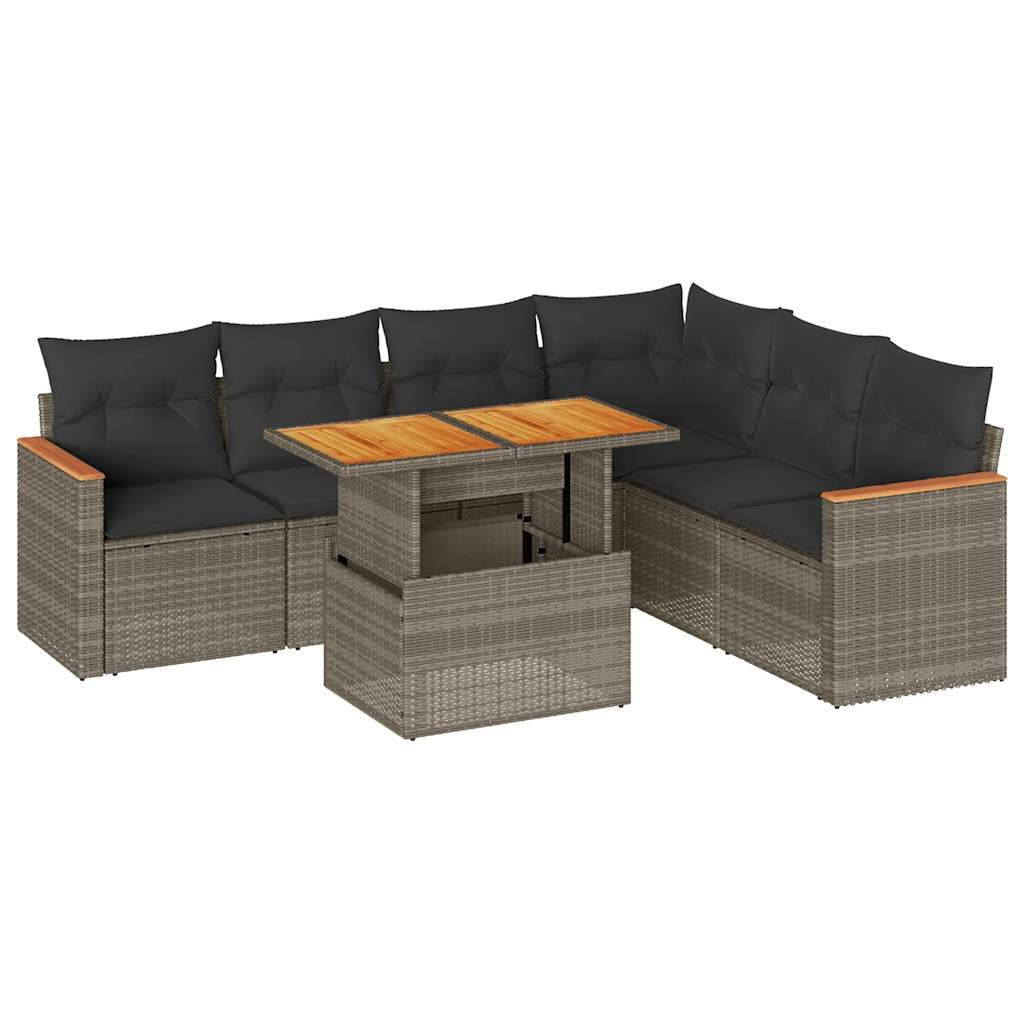 7-delige Loungeset met kussens poly rattan acacia grijs