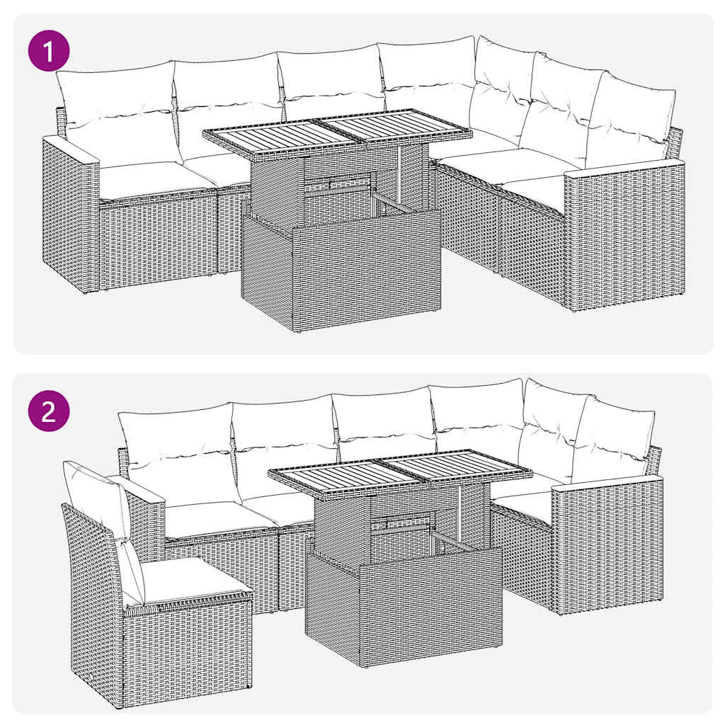 7-delige Loungeset met kussens poly rattan acacia grijs