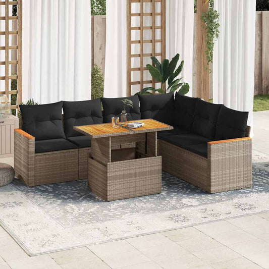 7-delige Loungeset met kussens poly rattan acacia grijs