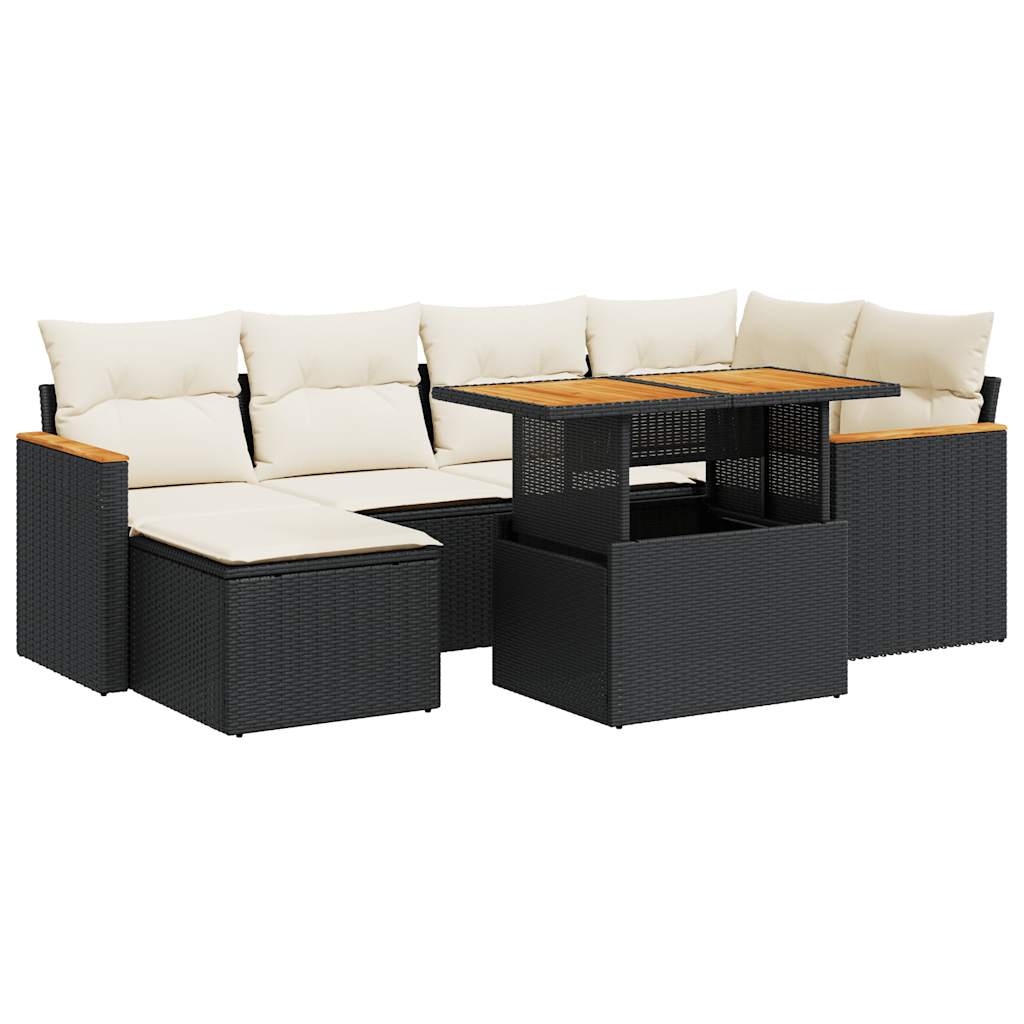 7-delige Loungeset met kussens poly rattan acacia zwart