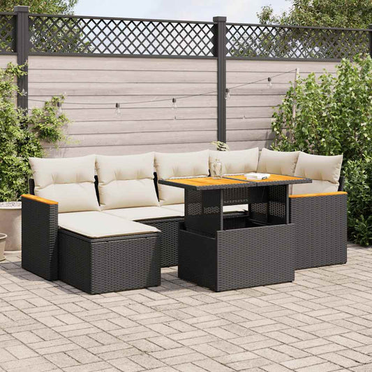 7-delige Loungeset met kussens poly rattan acacia zwart