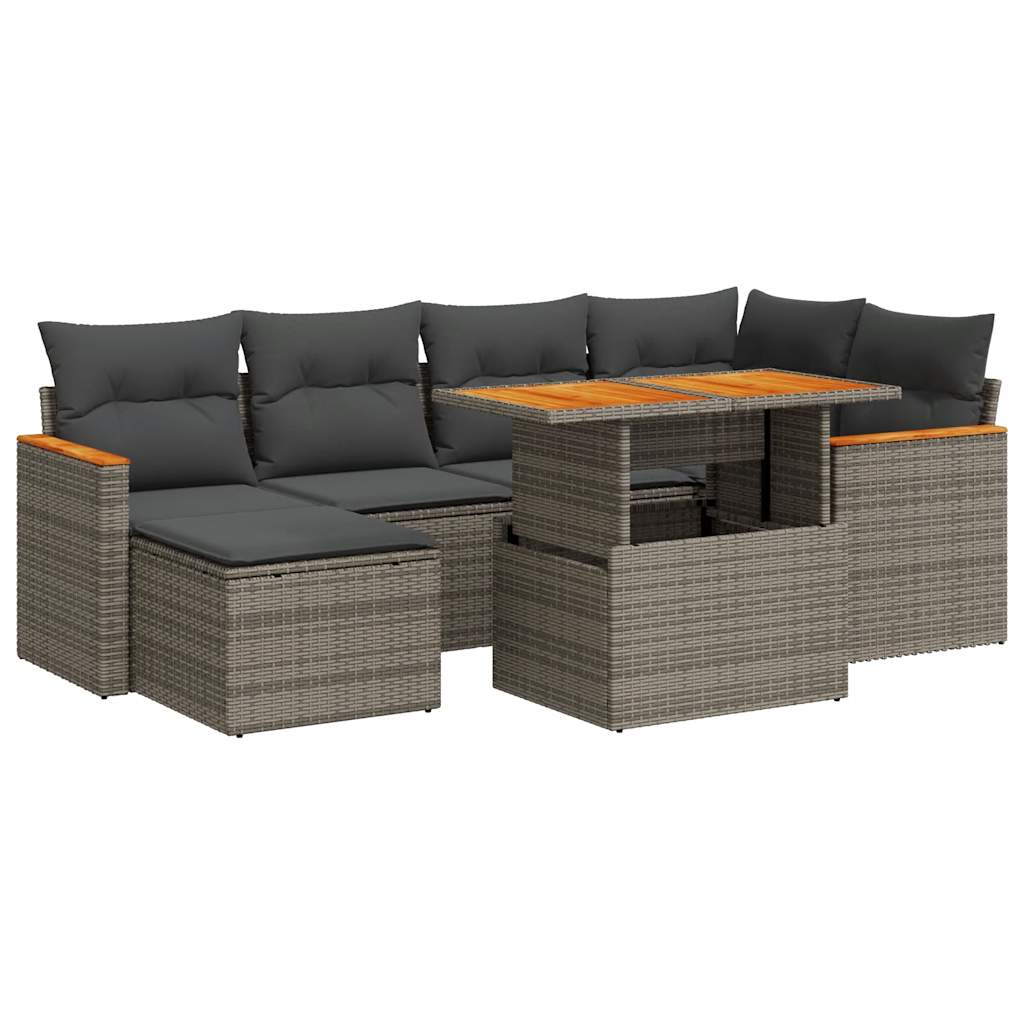 7-delige Loungeset met kussens poly rattan acacia grijs