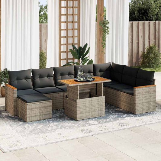 9-delige Loungeset met kussens poly rattan acacia grijs