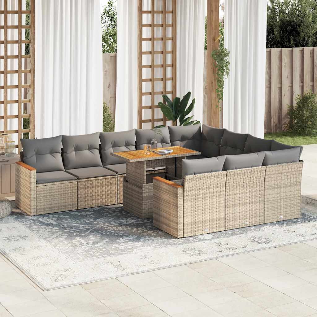 11-delige Tuinset met kussens poly rattan acacia beige