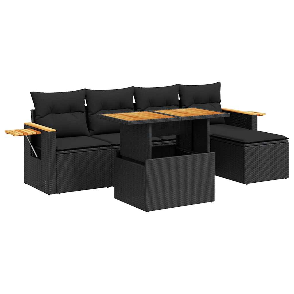 7-delige Loungeset met kussens poly rattan acacia zwart