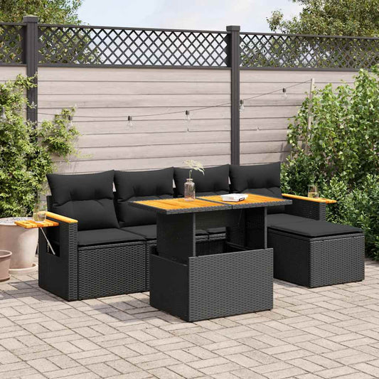 7-delige Loungeset met kussens poly rattan acacia zwart