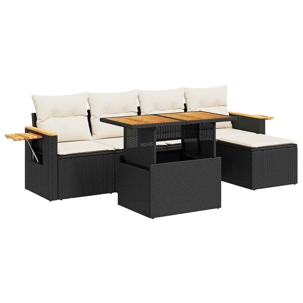 7-delige Loungeset met kussens poly rattan acacia zwart