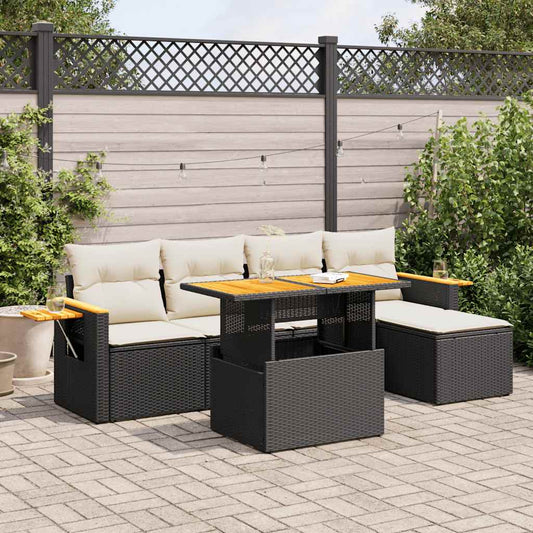 7-delige Loungeset met kussens poly rattan acacia zwart