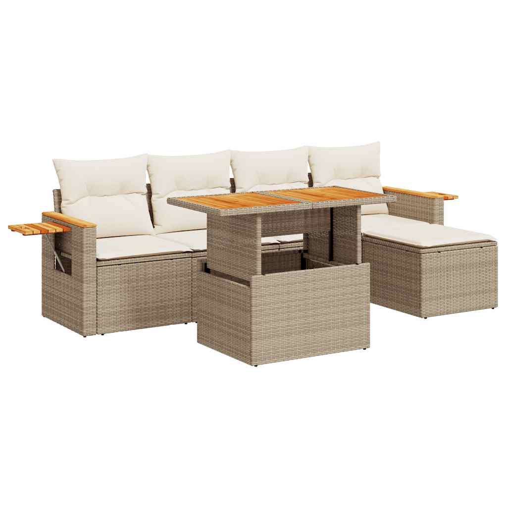 7-delige Loungeset met kussens poly rattan acacia beige