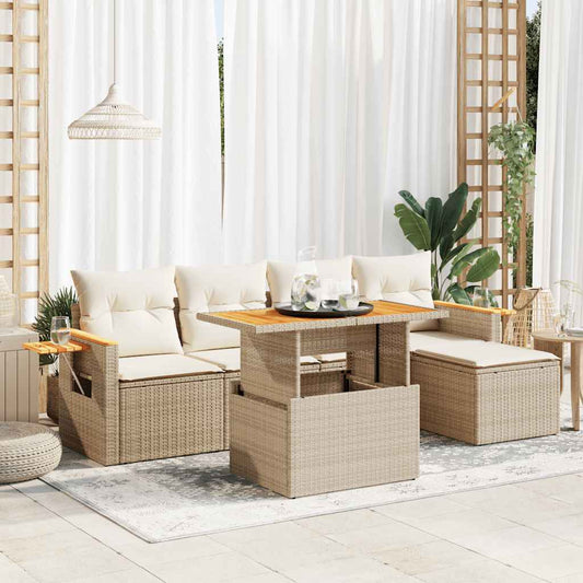 7-delige Loungeset met kussens poly rattan acacia beige