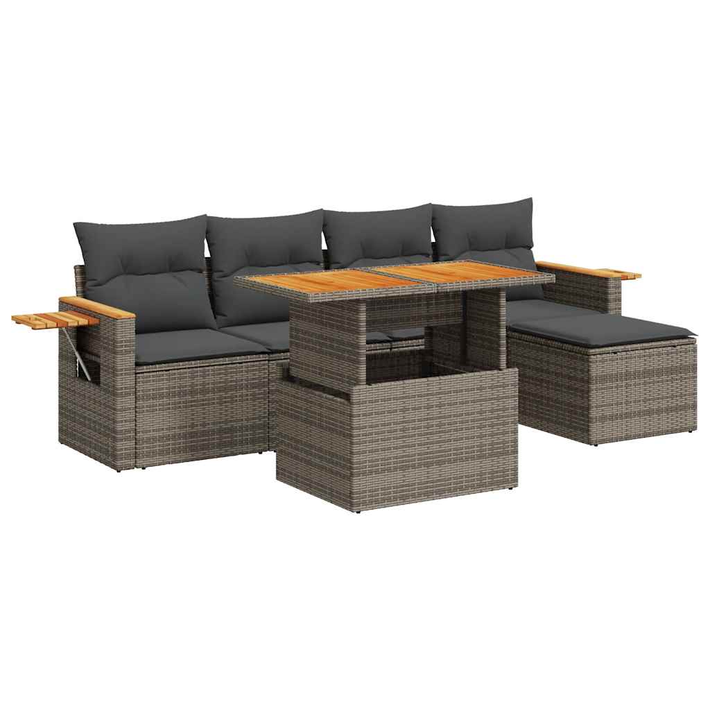 7-delige Loungeset met kussens poly rattan acacia grijs