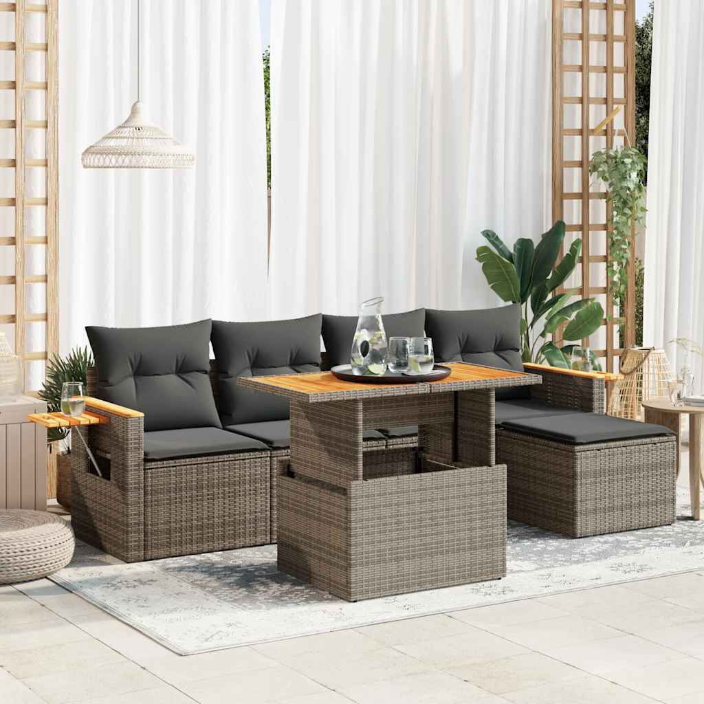 7-delige Loungeset met kussens poly rattan acacia grijs