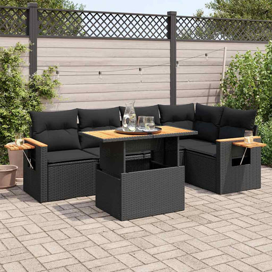 5-delige Loungeset met kussens poly rattan acacia zwart