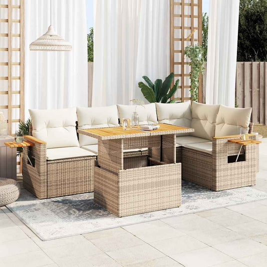 5-delige Loungeset met kussens poly rattan en acaciahout beige