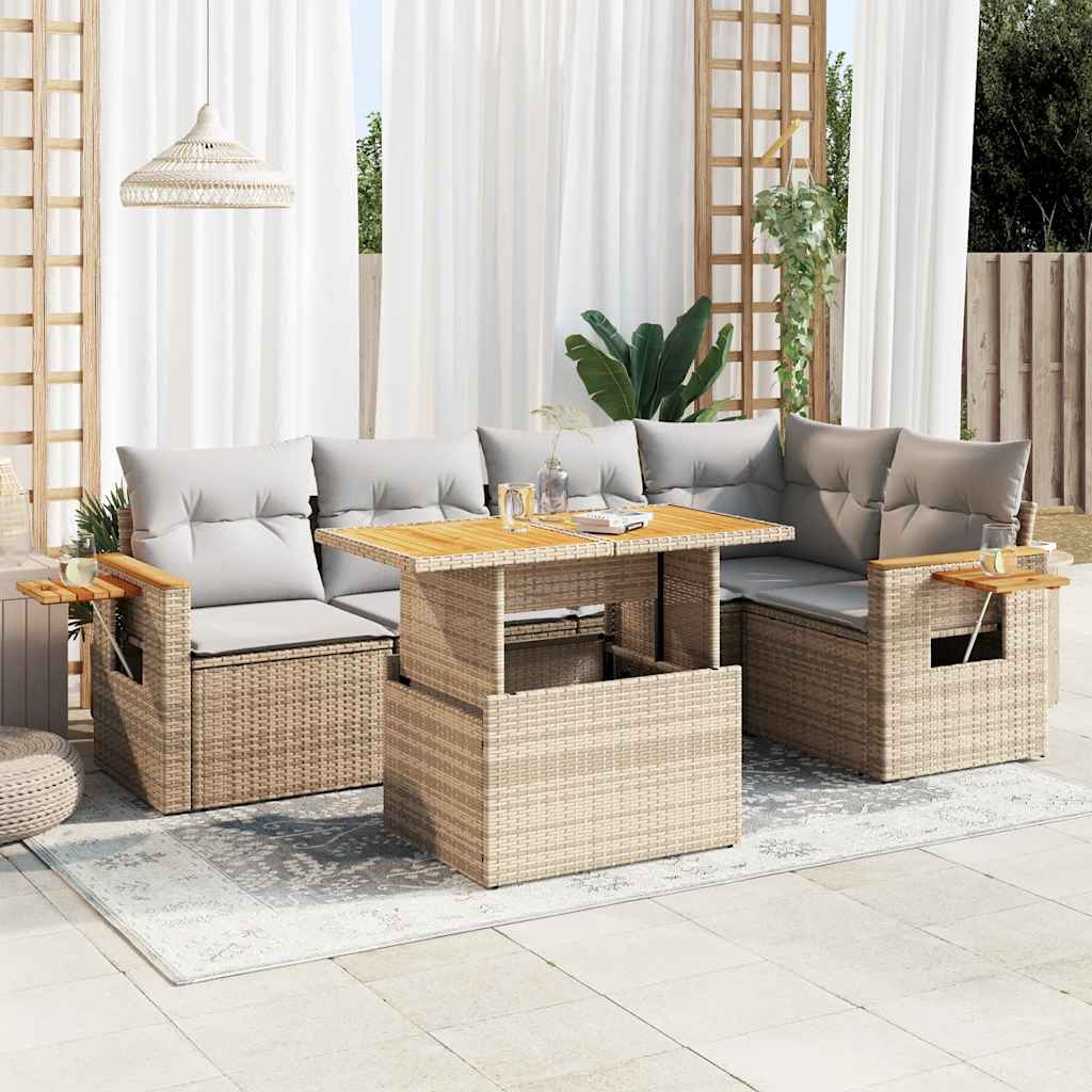 5-delige Loungeset met kussens poly rattan en acaciahout beige