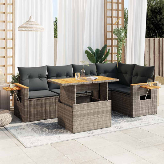 5-delige Loungeset met kussens poly rattan acacia grijs