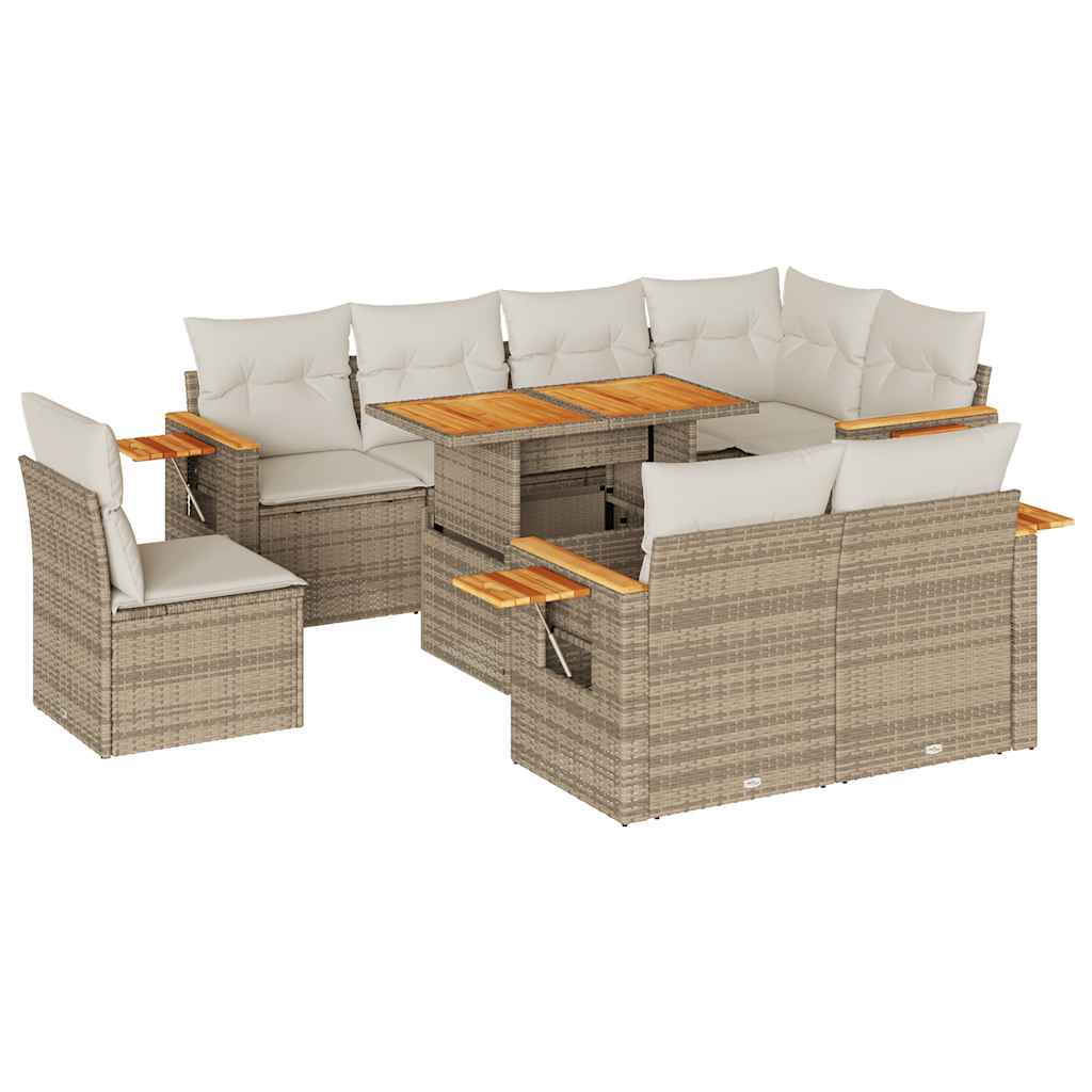 9-delige Loungeset met kussens poly rattan acacia beige