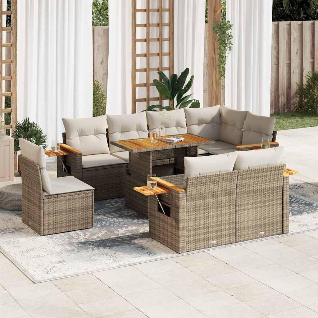 9-delige Loungeset met kussens poly rattan acacia beige