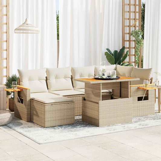 7-delige Loungeset met kussens poly rattan acacia beige