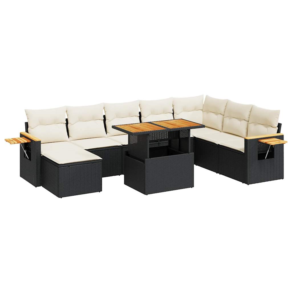 7-delige Loungeset met kussens poly rattan acacia zwart