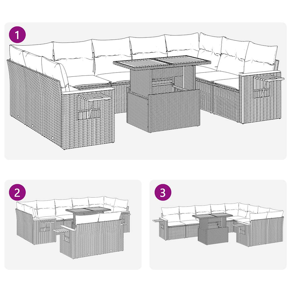 10-delige Loungeset met kussens poly rattan acacia beige