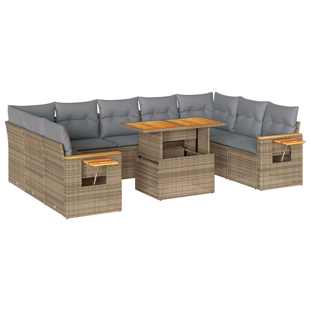 10-delige Loungeset met kussens poly rattan acacia beige