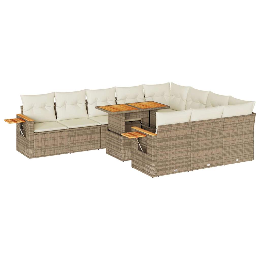 10-delige Loungeset met kussens poly rattan acacia beige