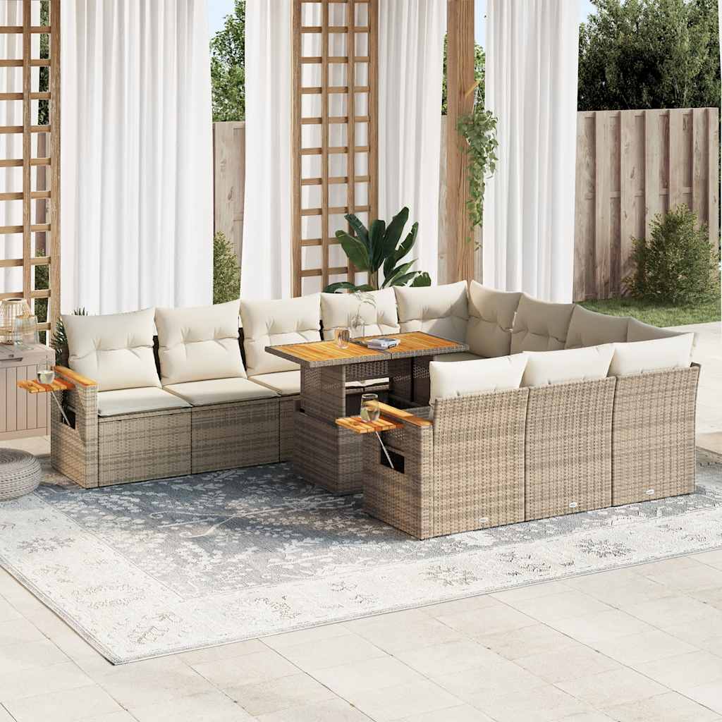 10-delige Loungeset met kussens poly rattan acacia beige