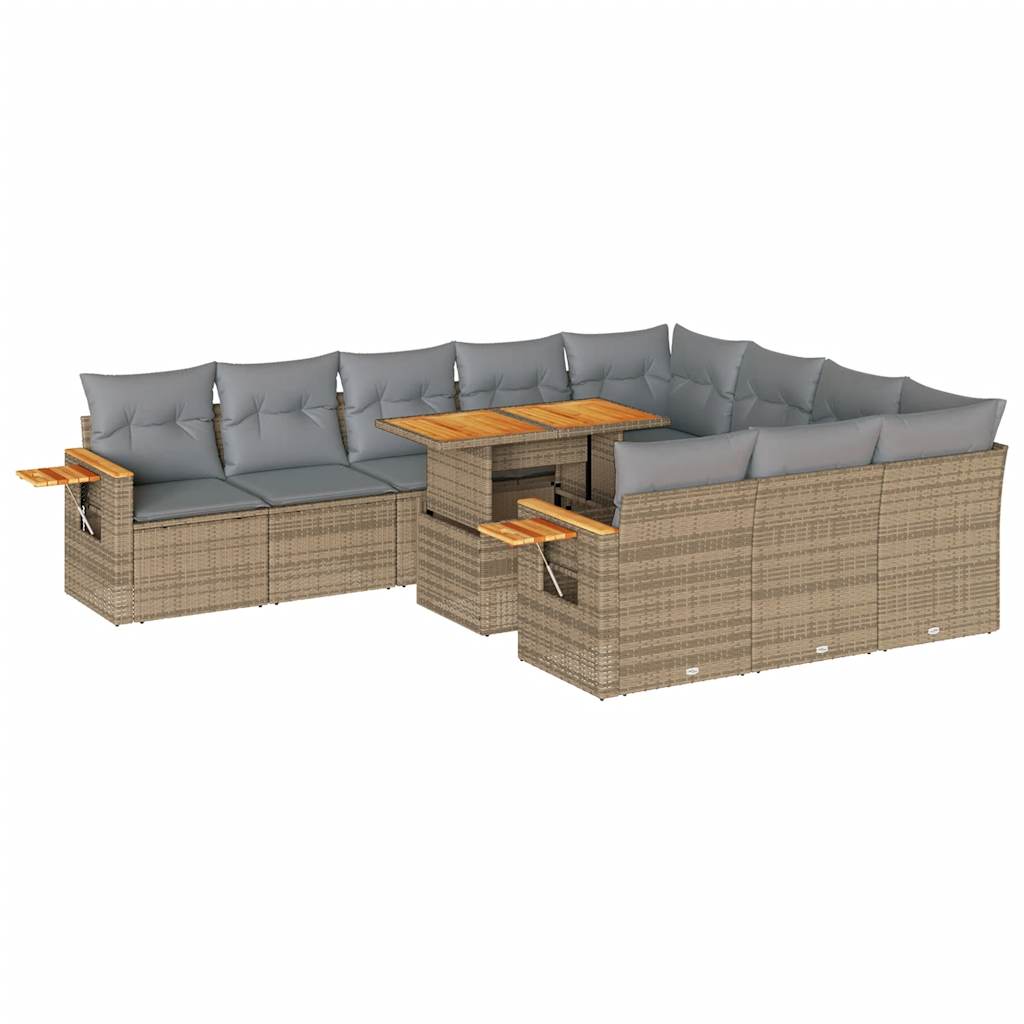 10-delige Loungeset met kussens poly rattan acacia beige