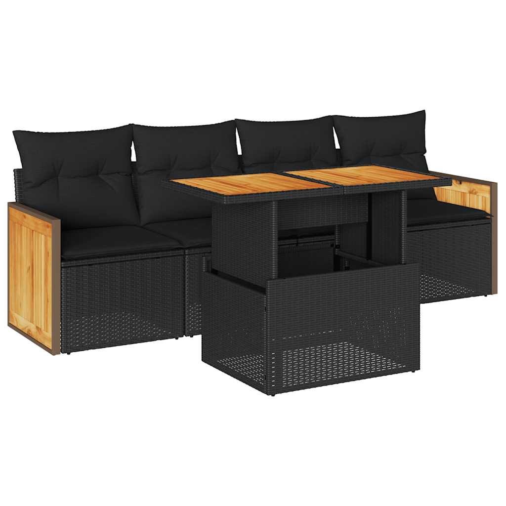 5-delige Loungeset met kussens poly rattan acacia zwart