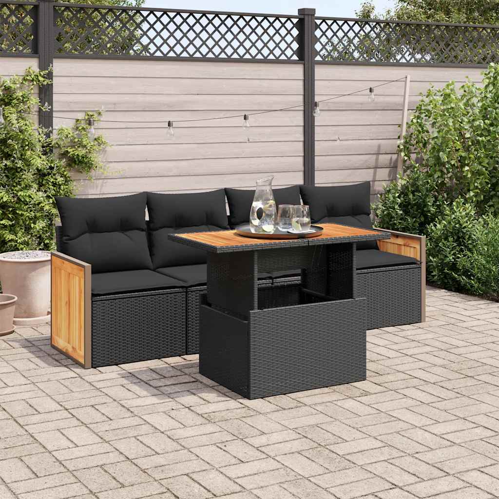 5-delige Loungeset met kussens poly rattan acacia zwart