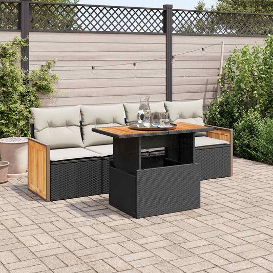 5-delige Loungeset met kussens poly rattan acacia zwart