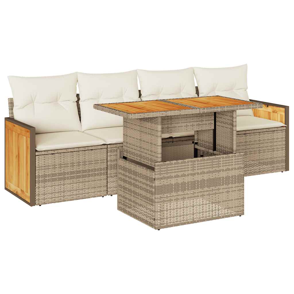 5-delige Loungeset met kussens poly rattan en acaciahout beige