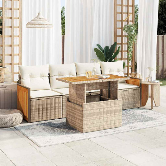 5-delige Loungeset met kussens poly rattan en acaciahout beige