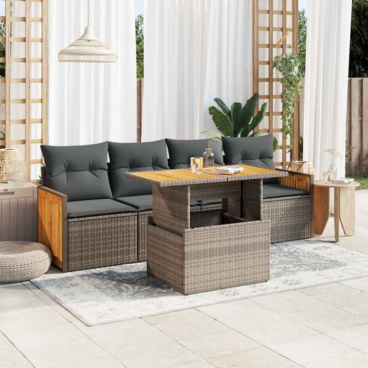 5-delige Loungeset met kussens poly rattan acacia grijs