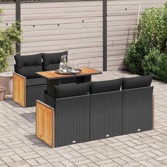 6-delige Loungeset met kussens poly rattan acacia zwart