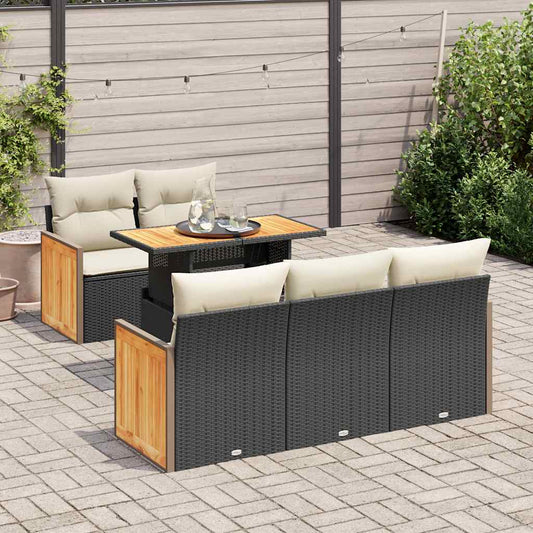 6-delige Loungeset met kussens poly rattan acacia zwart