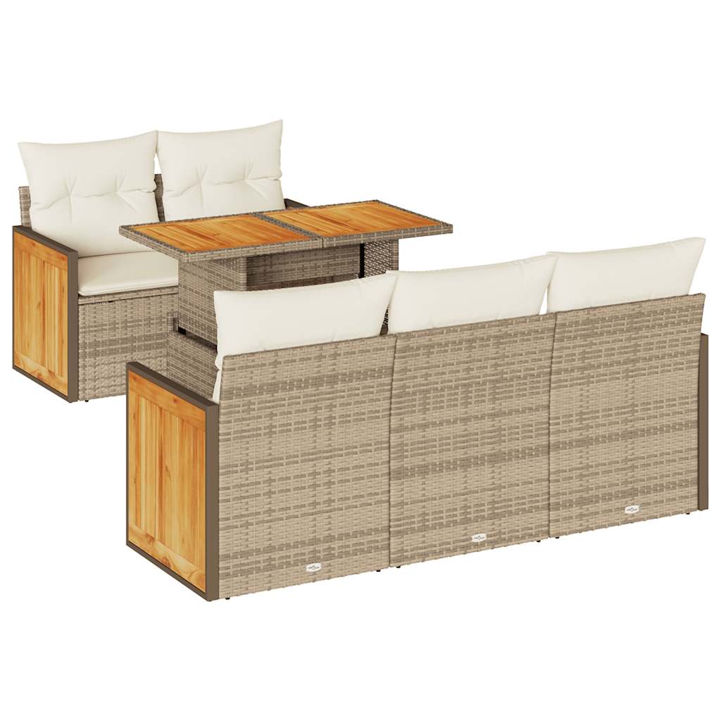 6-delige Loungeset met kussens poly rattan acacia beige