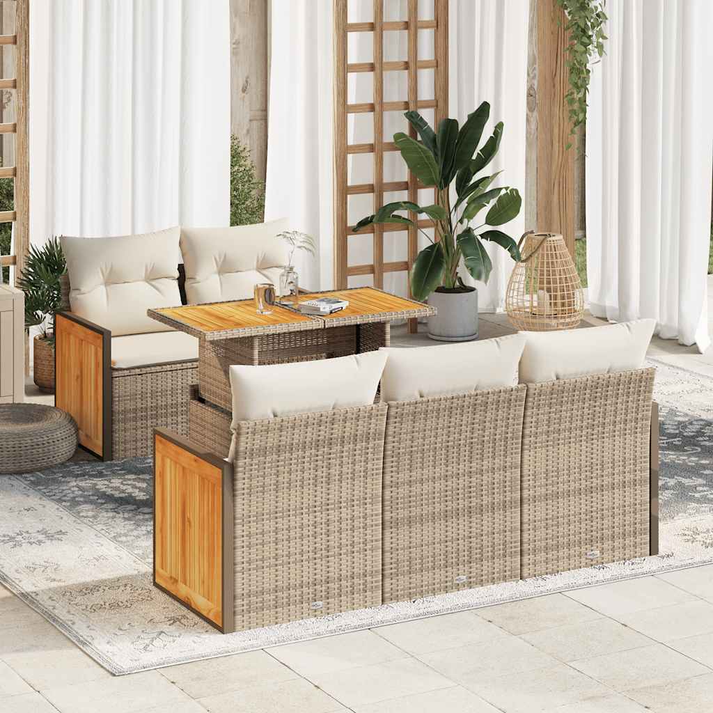 6-delige Loungeset met kussens poly rattan acacia beige