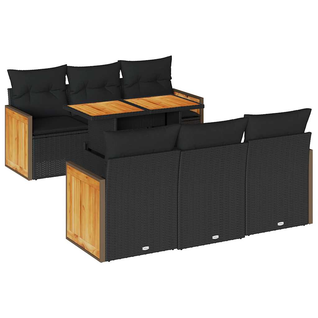 7-delige Loungeset met kussens poly rattan acacia zwart