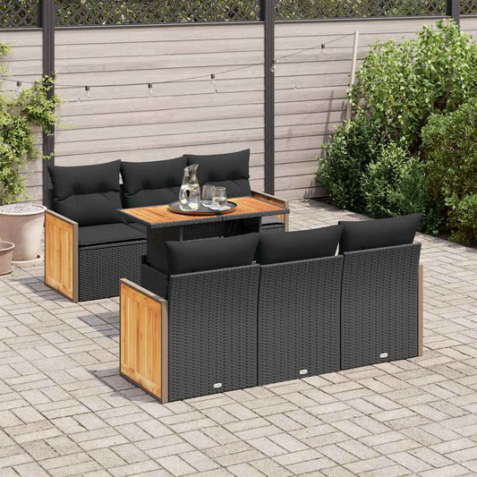 7-delige Loungeset met kussens poly rattan acacia zwart