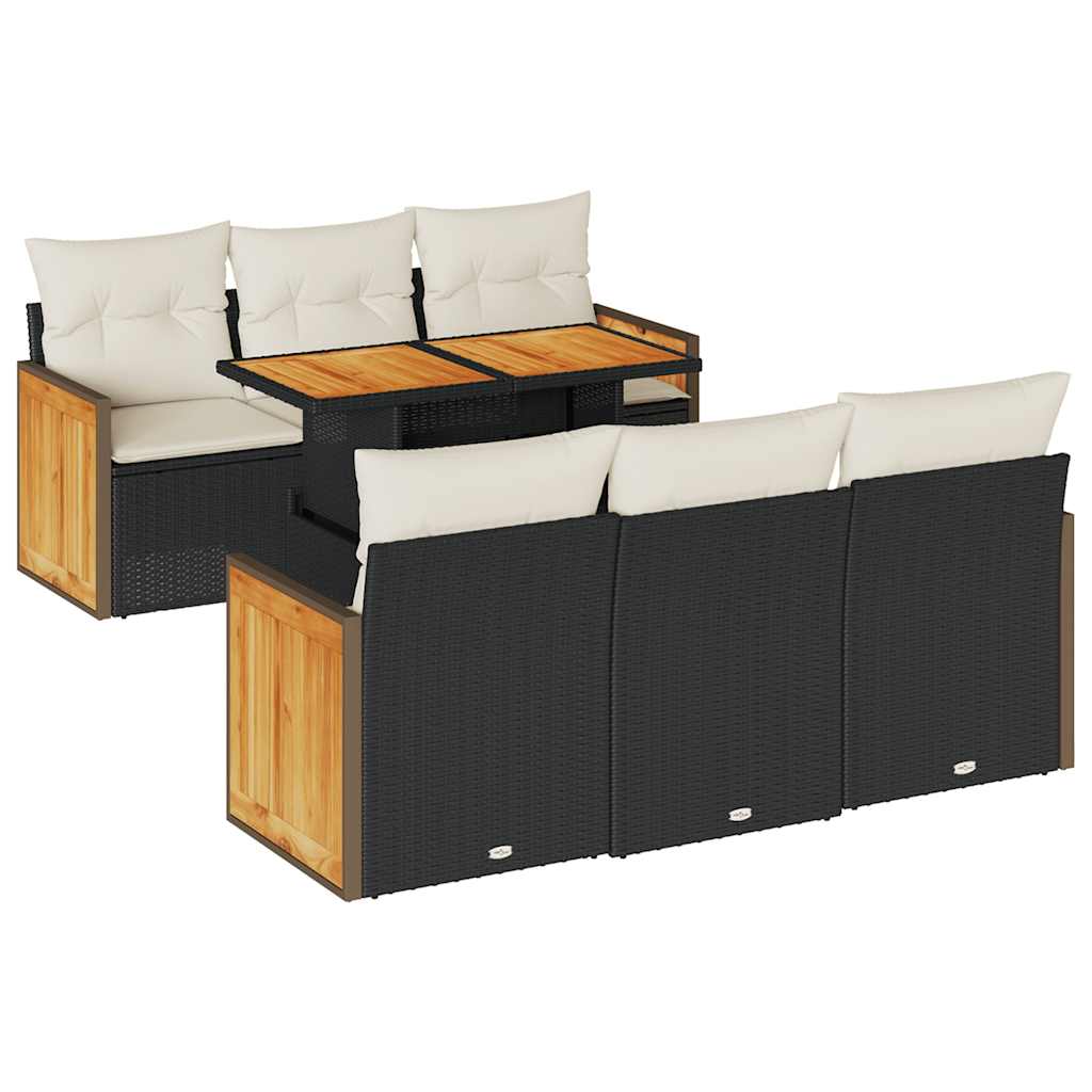 7-delige Loungeset met kussens poly rattan acacia zwart