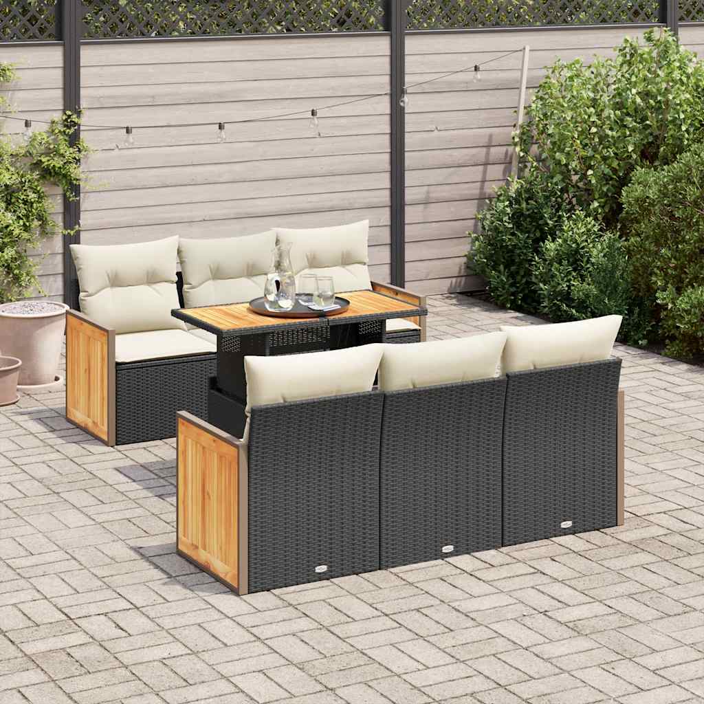 7-delige Loungeset met kussens poly rattan acacia zwart