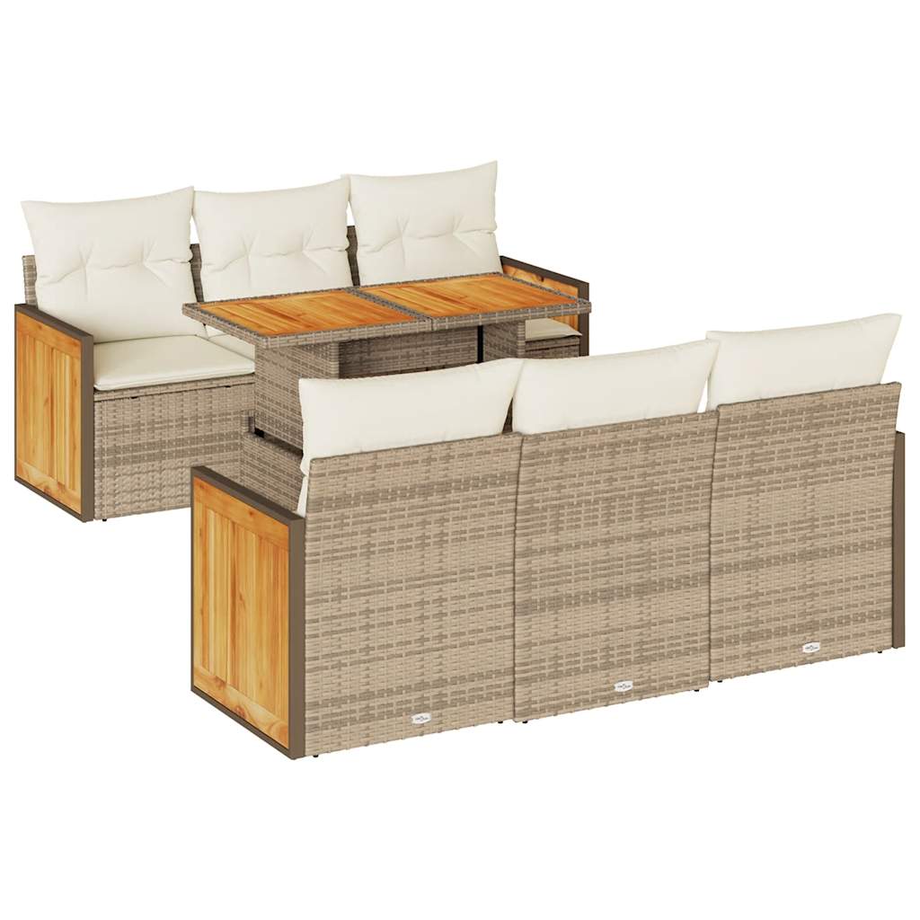 7-delige Loungeset met kussens poly rattan acacia beige